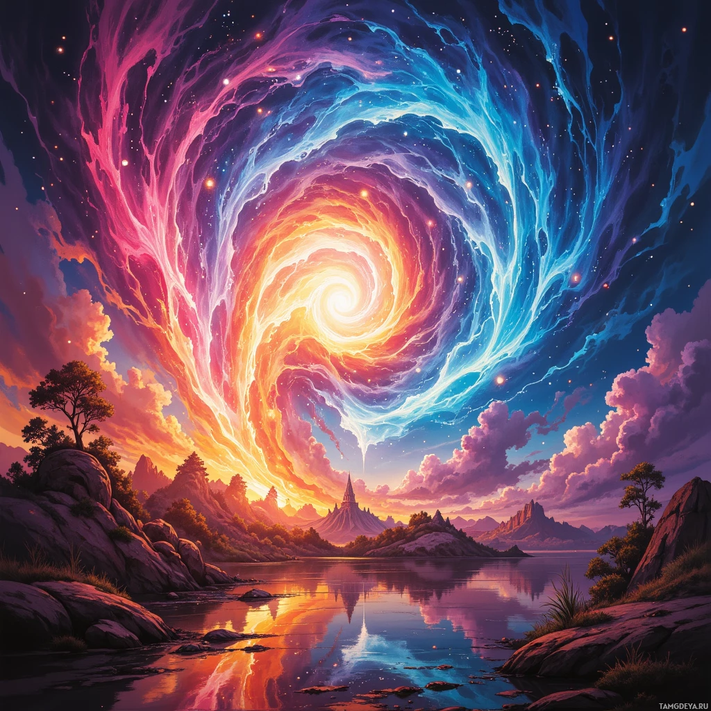 Яркий, космический пейзаж с завораживающей галактикой над спокойным озером, окружённым каменистой местностью и далёкими горами.