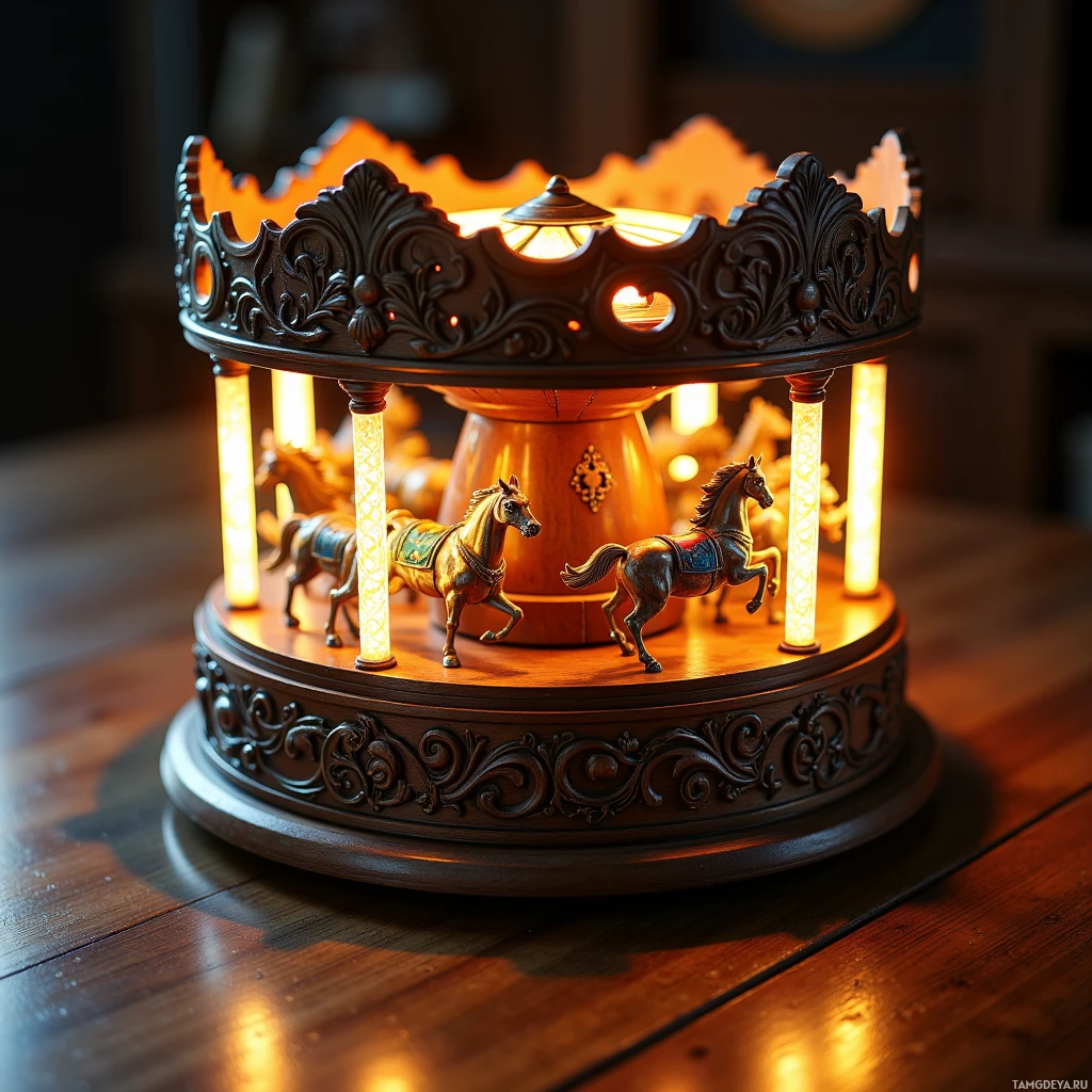 На деревянной поверхности установлен декоративный карусель с подсвеченными лошадками и изящной резьбой.