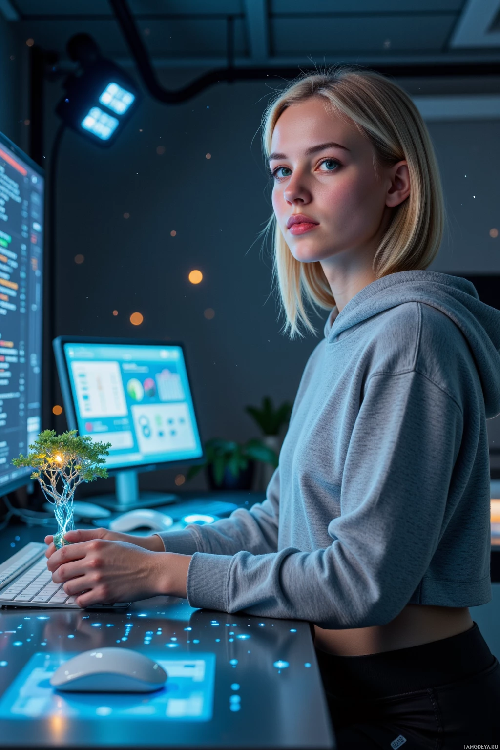 Человек в толстовке стоит за столом с компьютером, держа в руках небольшое деревце.