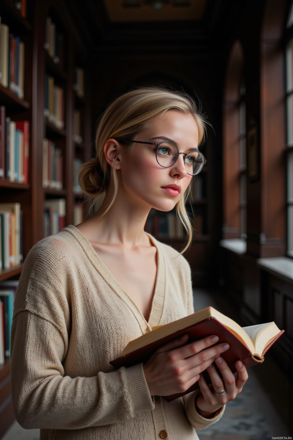В библиотеке женщина держит раскрытую книгу, на ней очки, а на ней свитер бежевого цвета.