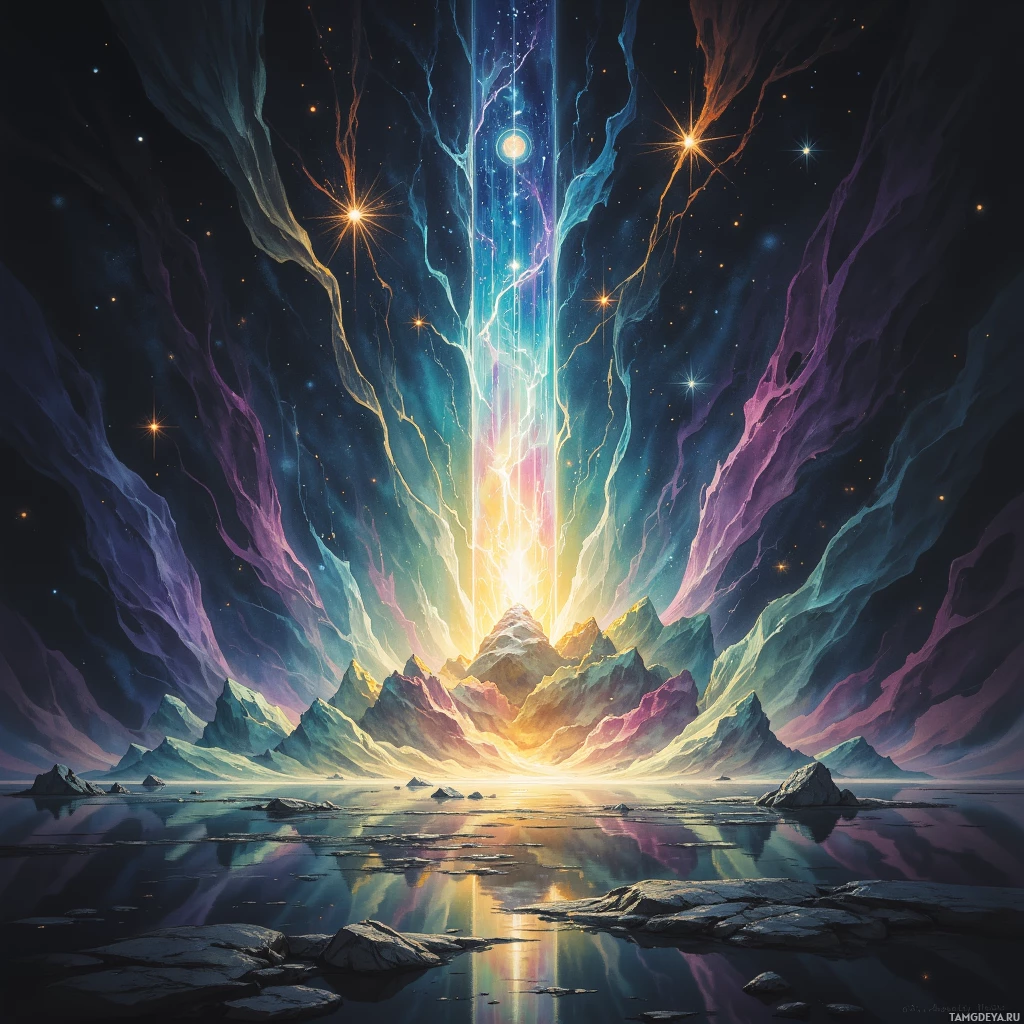 Яркий, космический пейзаж с сияющим небесным телом, красочными туманностями и тихой гладью воды, отражающей этот вид.