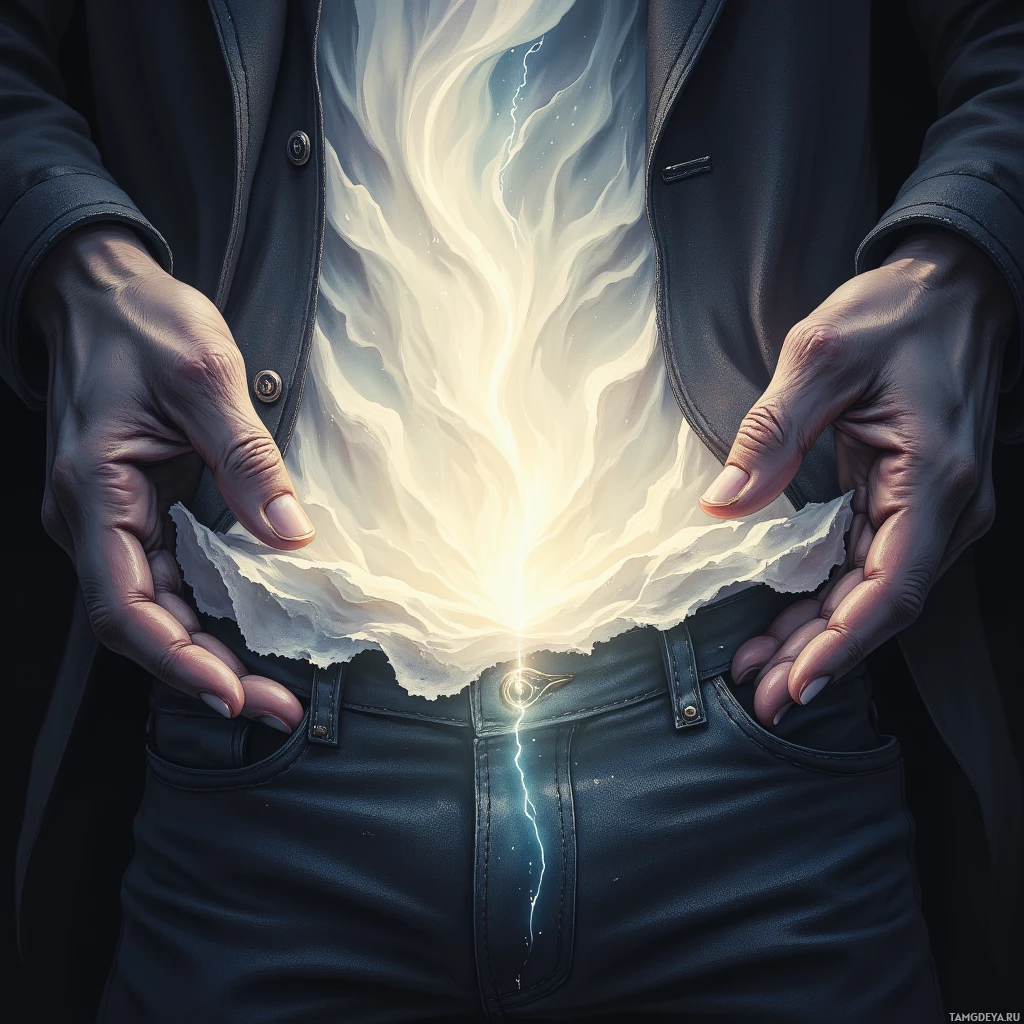 Человек в темной куртке и брюках держит руки рядом с сияющим, похожим на разряд молнии, свечением, исходящим из области живота.