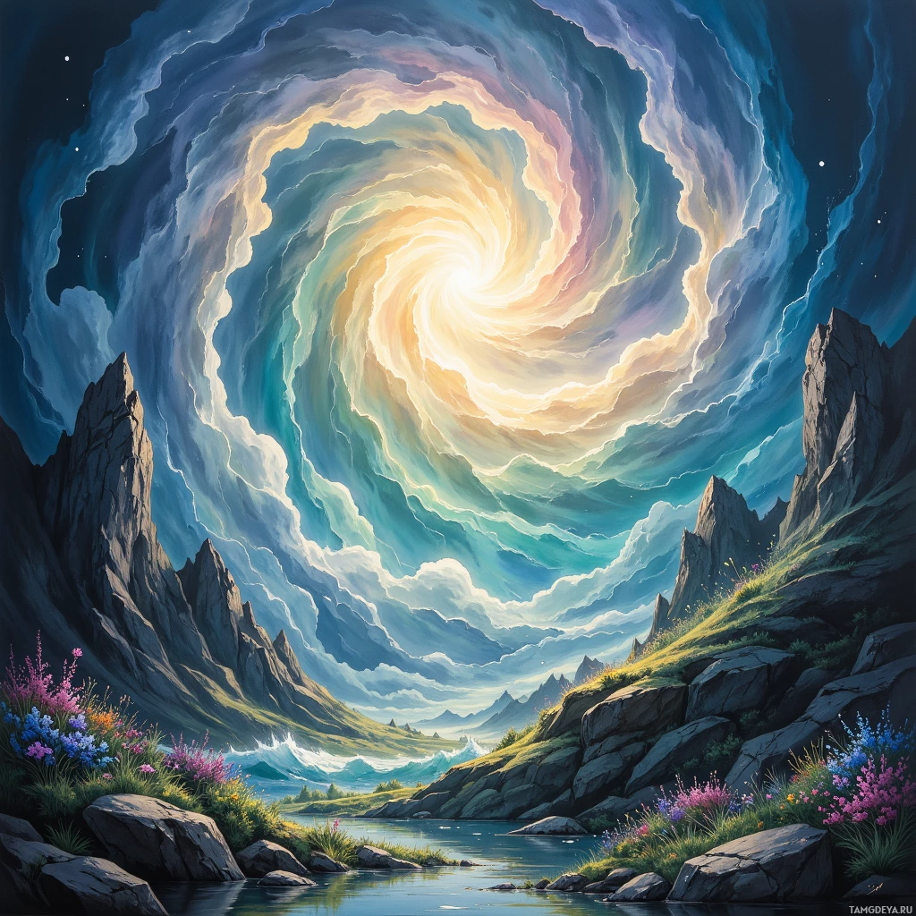 Безмятежный пейзаж: кружащееся небо, скалистые утесы и тихая река.