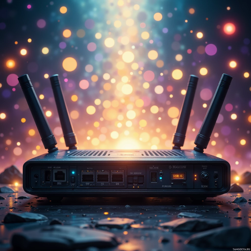 Роутер с множеством антенн и светящимися индикаторами на фоне красочного боке.