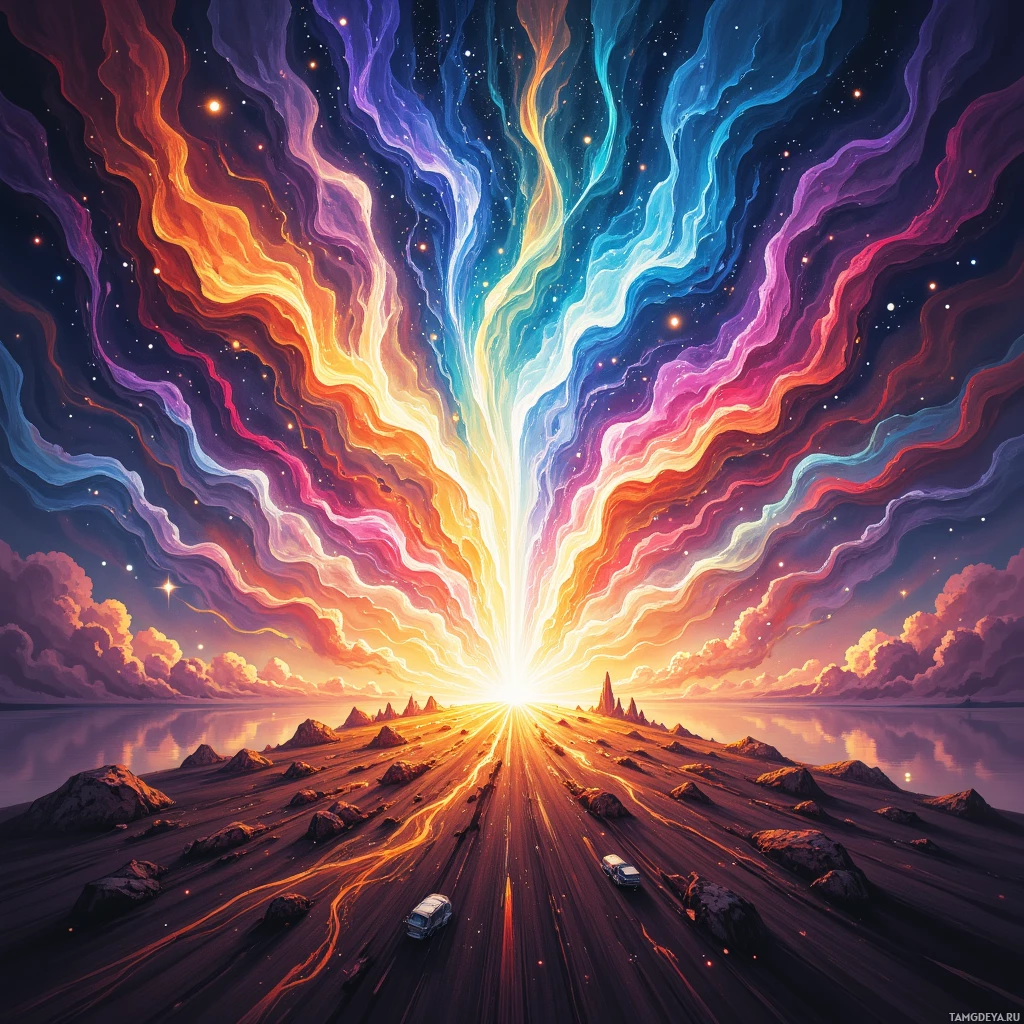 Яркий, космический пейзаж с вихрящимися красками и источником яркого света на горизонте.