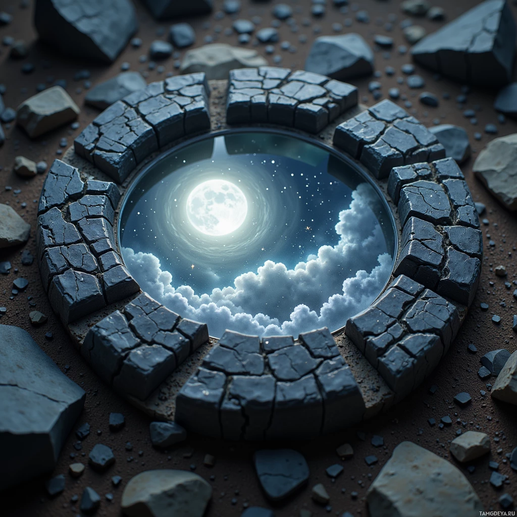 Каменное кольцо с отражающей поверхностью, в которой виднеется ночное небо с полной луной и облаками.