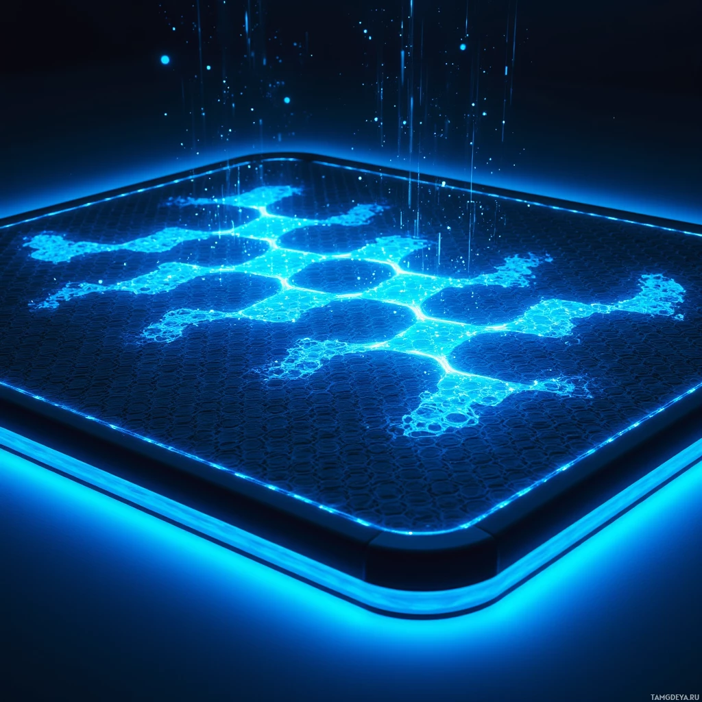Светящаяся синяя поверхность со сложными узорами и световыми полосами на тёмном фоне.