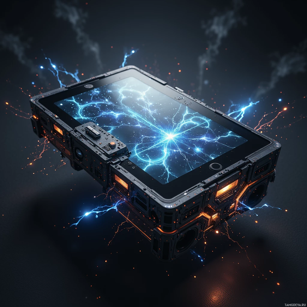 Футуристическое устройство с голубой энергетической подсветкой и оранжевыми акцентами.
