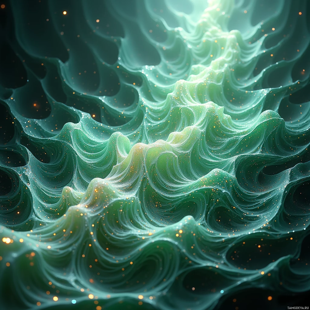 Рельефный, волнистый узор в оттенках зеленого с мерцающими вкраплениями.