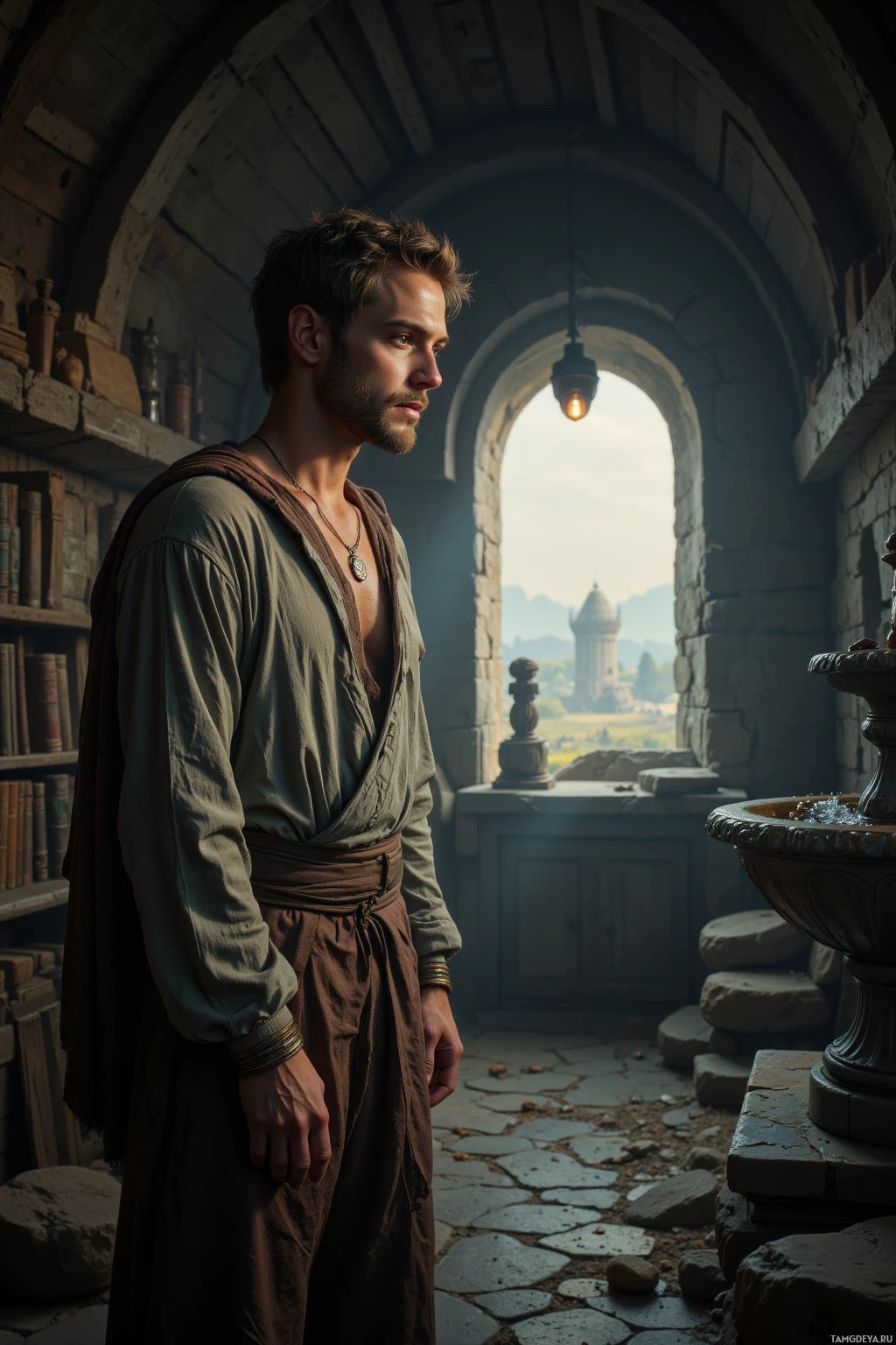 Мужчина в средневековой одежде стоит в каменном арке, глядя вдаль.