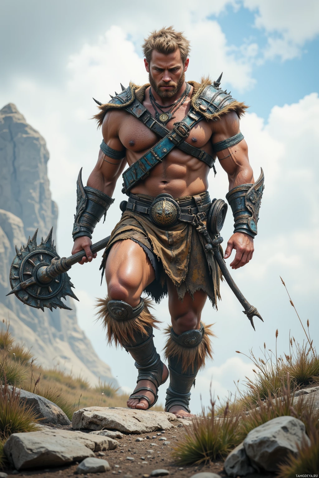 Могучий воин в доспехах и меху стоит на фоне дикого пейзажа, держа в руках боевой молот с шипами.