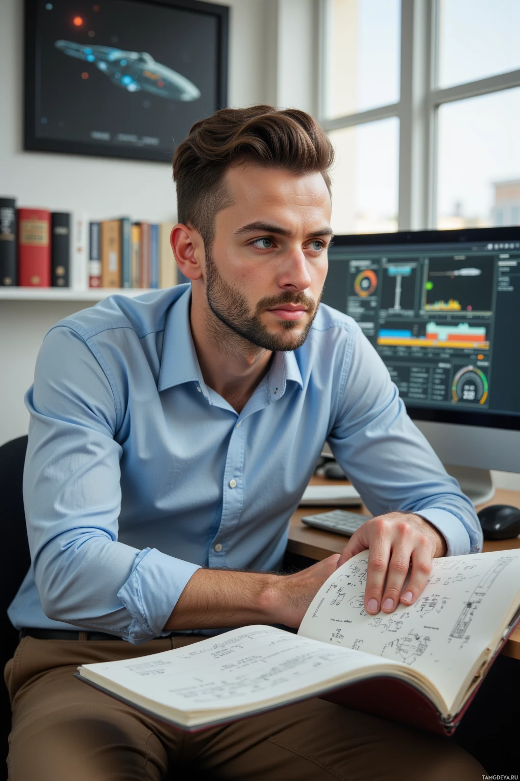 Мужчина в светлой голубой рубашке сидит за столом, держа в руках раскрытый блокнот, на заднем плане виден компьютерный монитор и книжный шкаф.