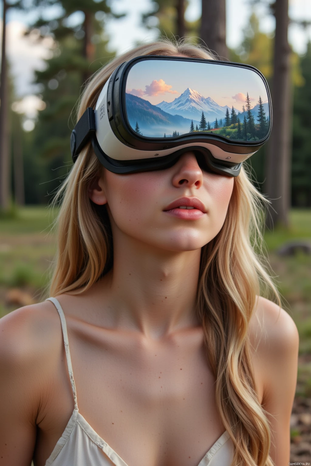 Человек в VR-шлеме, на линзах которого отображается живописный горный пейзаж.