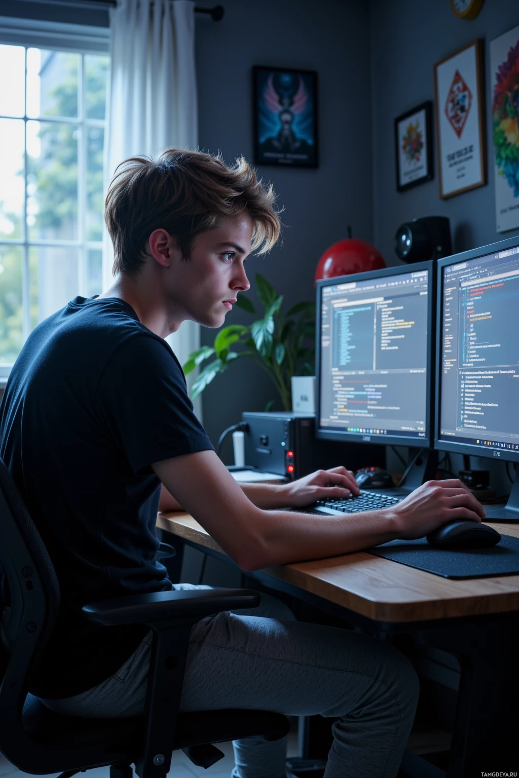 Молодой человек сидит за столом и работает на компьютере с двумя мониторами, на которых отображается код.