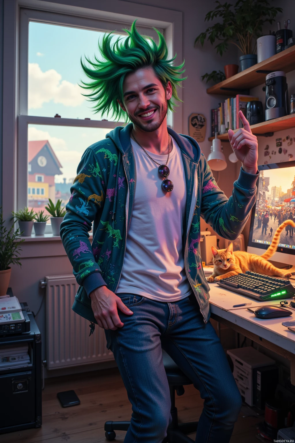 Человек с ярко-зелеными волосами стоит в комнате с компьютерным оборудованием, улыбаясь и указывая вверх.