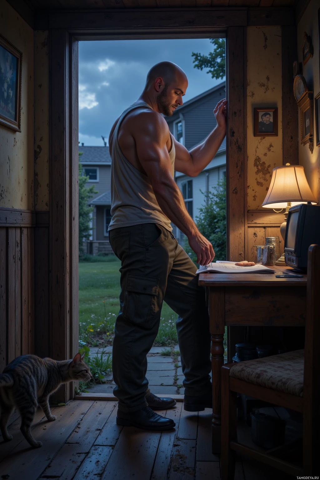 Мужчина в майке без рукавов стоит у дверного проема и смотрит во двор, где сидит кошка.