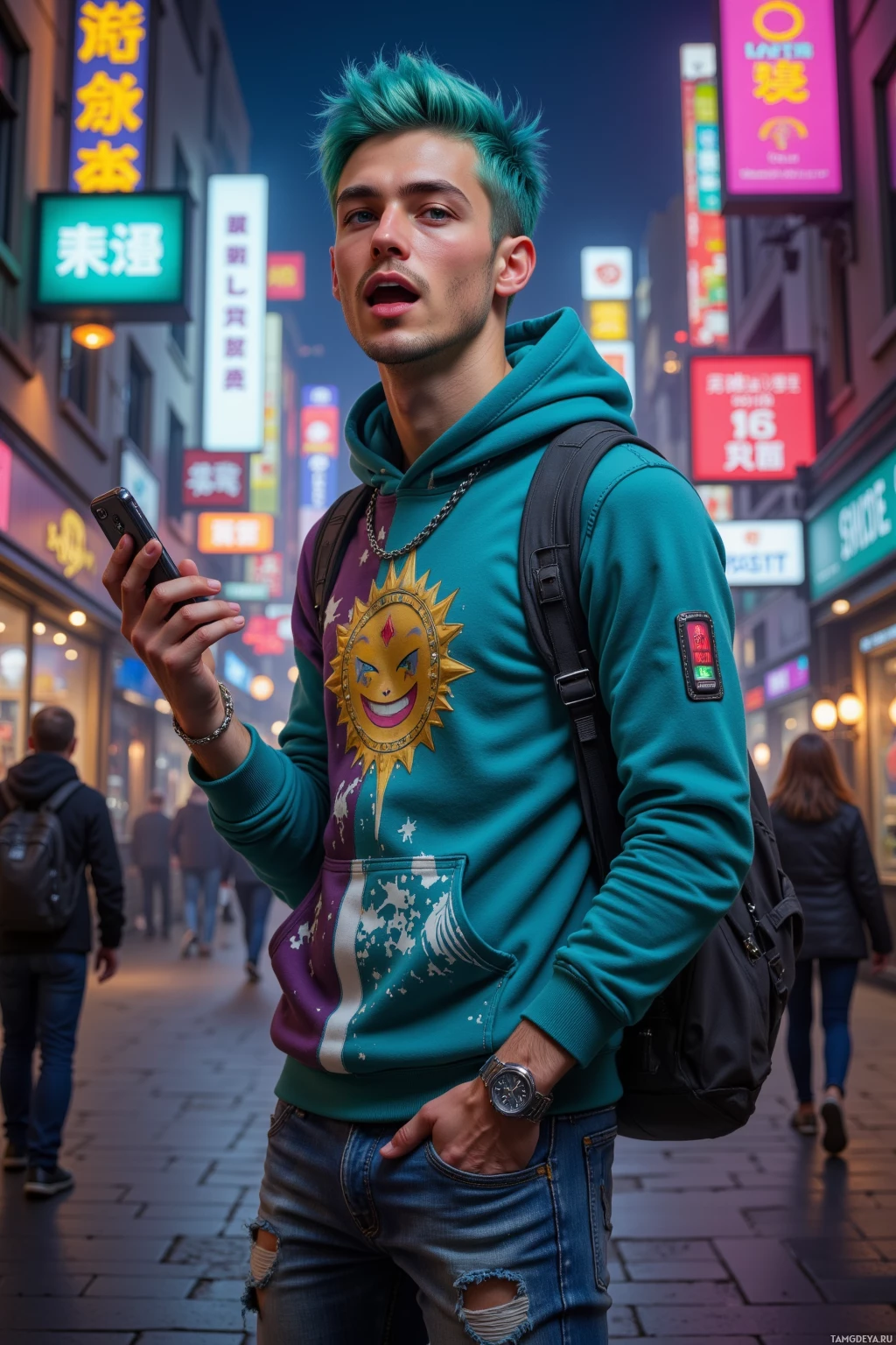 На ночной улице стоит человек с бирюзовыми волосами в яркой толстовке и джинсах, держа в руках телефон.