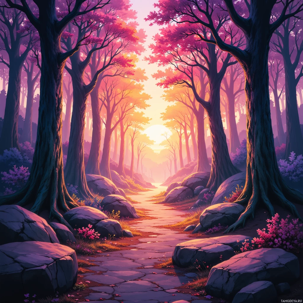 Тихая лесная тропинка, обрамленная высокими деревьями и яркими розовыми цветами на закате.