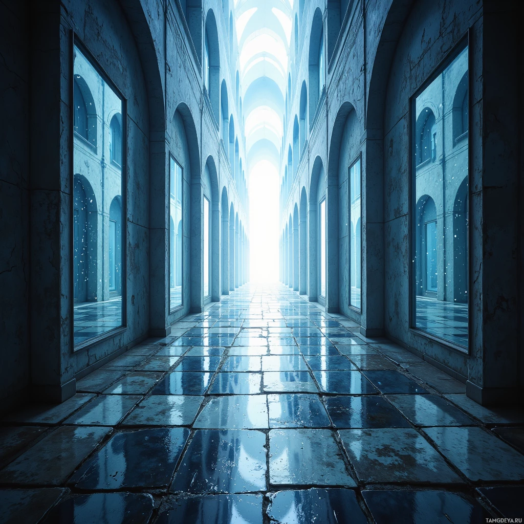 Длинный, узкий коридор с арочными окнами и ярким светом в конце.