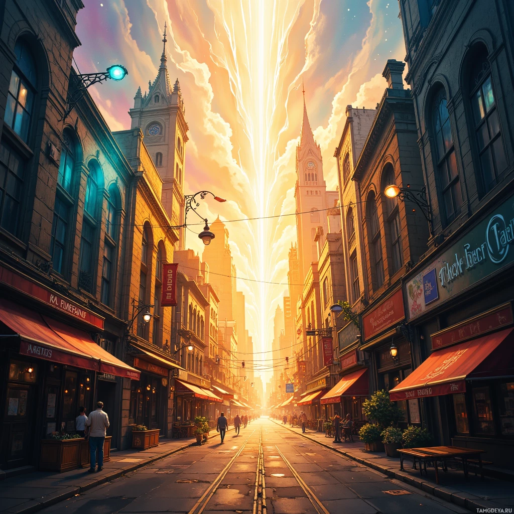 Живописная улочка с исторической архитектурой и сияющим небом.