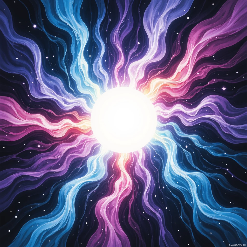 Яркая космическая сцена с завихряющимися красками и сияющим центральным светом.