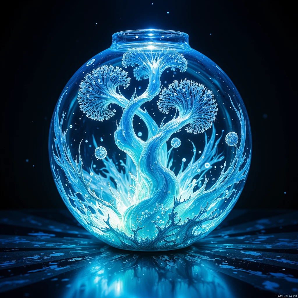 Светящаяся голубая стеклянная сфера с изящными, органическими узорами и светящимися элементами внутри.