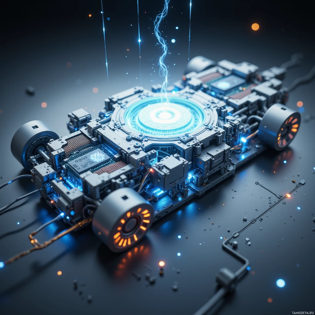 Футуристическое механическое устройство с светящимися синими и оранжевыми огнями и энергетическими лучами.