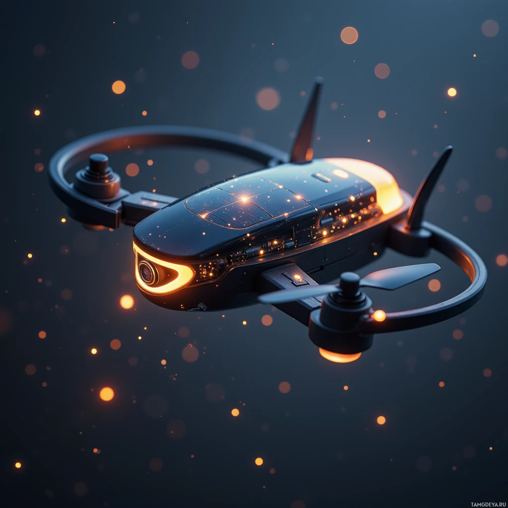 Футуристический дрон с подсвеченными элементами на темном фоне.