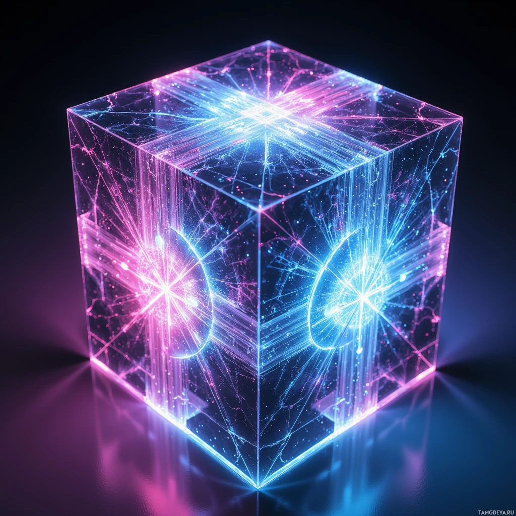 Светящийся, полупрозрачный куб с замысловатыми светящимися линиями и частицами внутри на тёмном фоне.