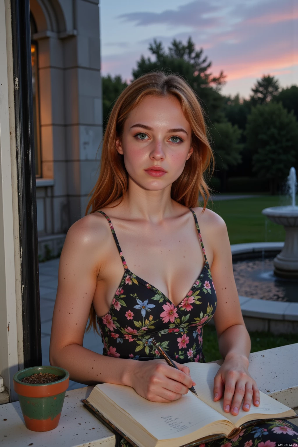 В цветочном платье сидит человек за столом, что-то записывает в блокнот. На заднем плане виден фонтан и закат.