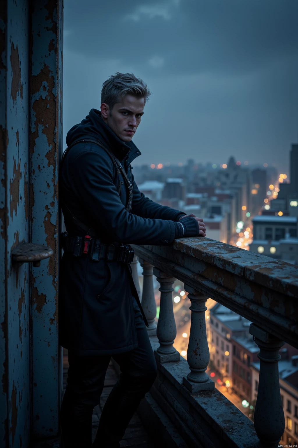 Человек стоит на балконе, любуясь закатом над городом.