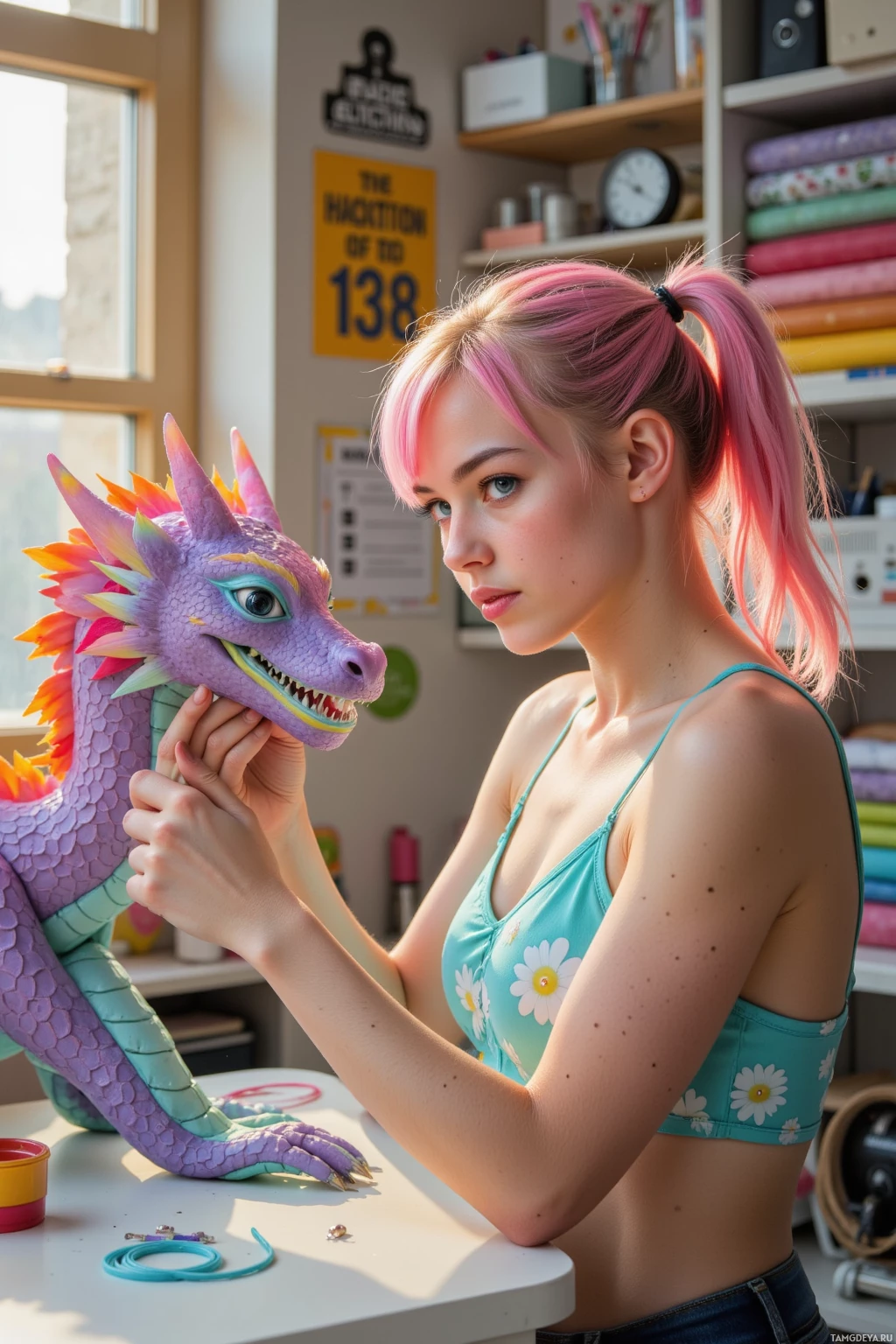 У человека с розовыми волосами в руках красочный кукольный дракон, на заднем плане полки и окно.