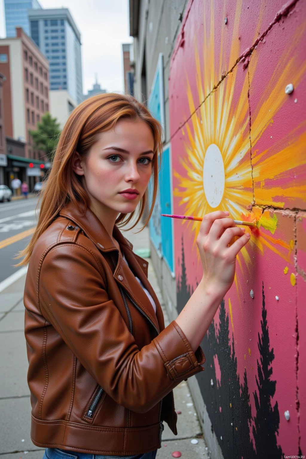 Человек в коричневой кожаной куртке рисует мурал на стене.