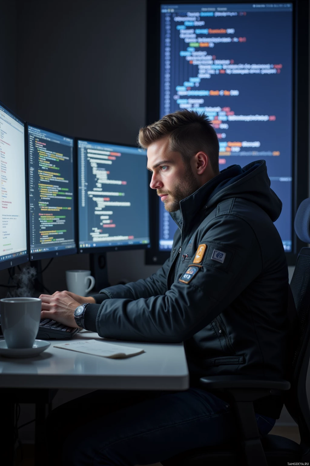 Человек работает за столом, перед которым несколько мониторов с кодом.