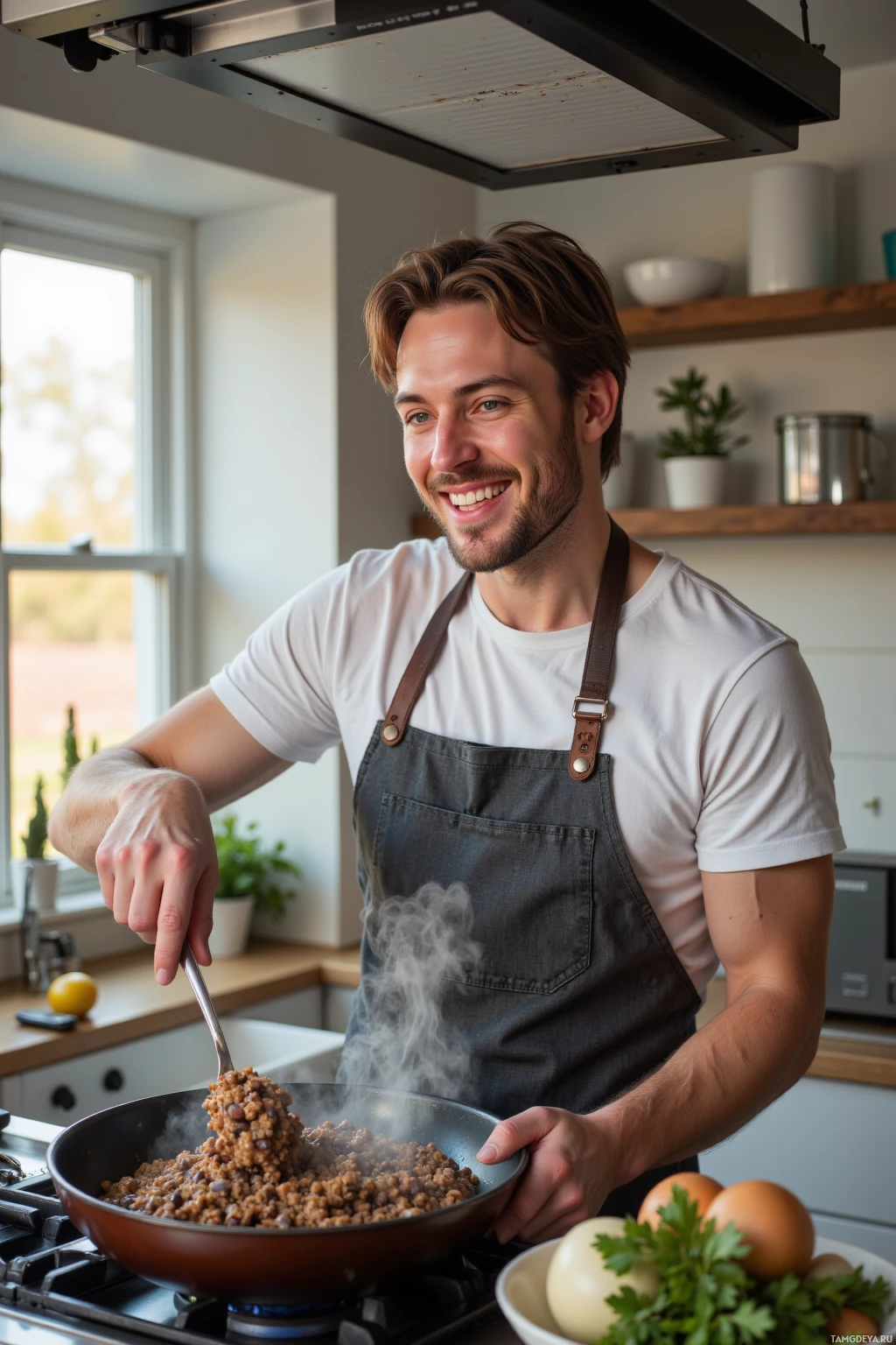Мужчина улыбается, готовя еду на сковороде на кухне.