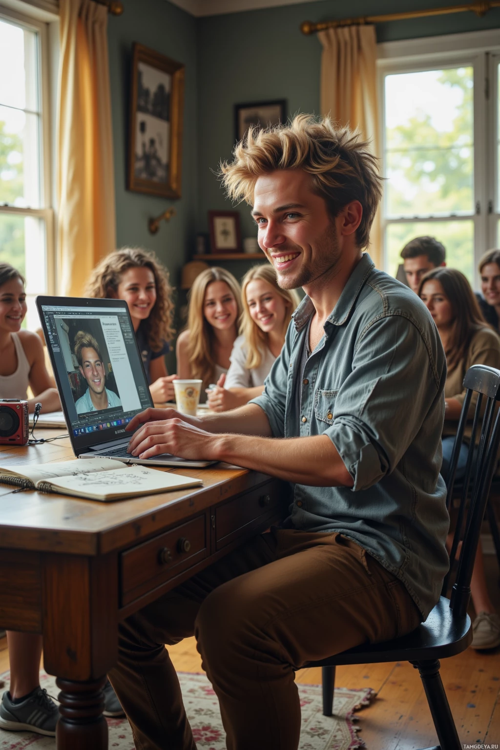 Несколько человек собрались вокруг стола, один из них работает на ноутбуке и улыбается.