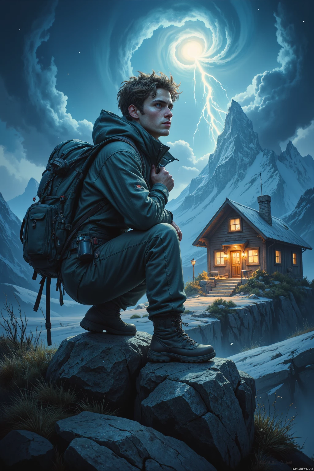 Человек с рюкзаком присел на скалистом выступе, глядя на светящийся дом вдалеке под ночным небом.
