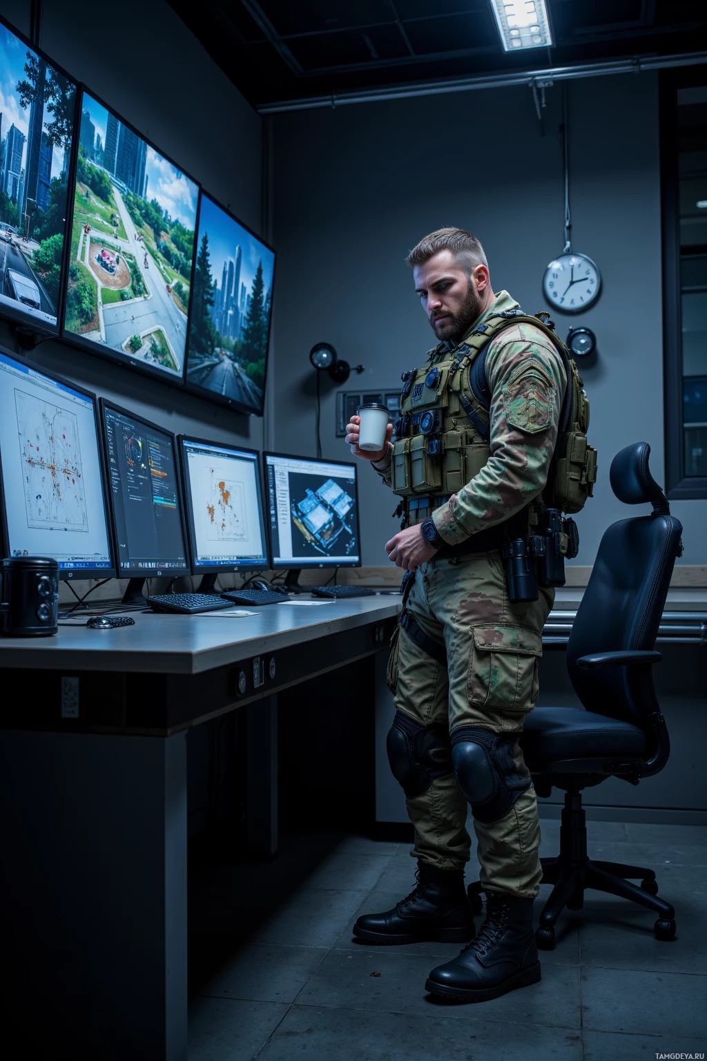 Солдат в тактической экипировке стоит в полумраке операторской комнаты, держа в руке чашку кофе.