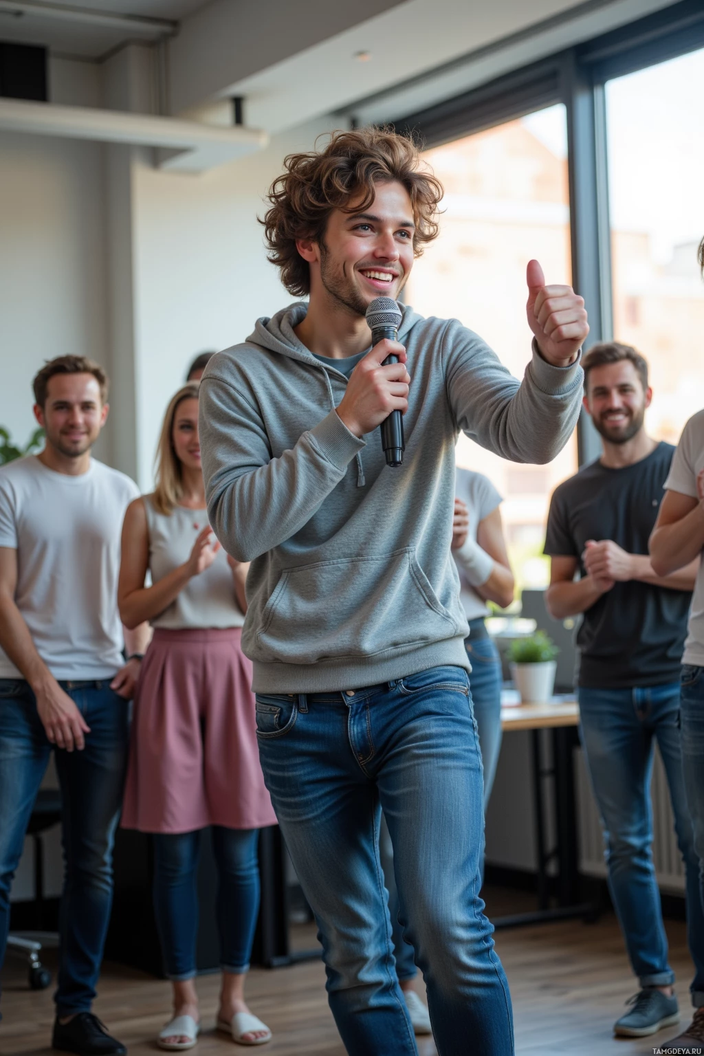 Мужчина в толстовке говорит в микрофон, за его спиной стоит группа людей.
