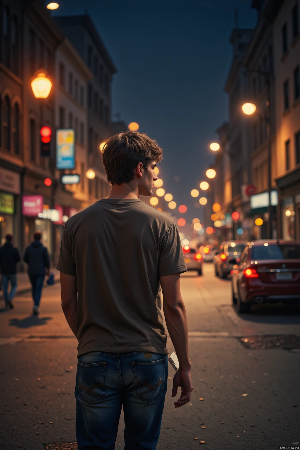 На городской улице, в сумерках, стоит человек, стоя спиной к камере.