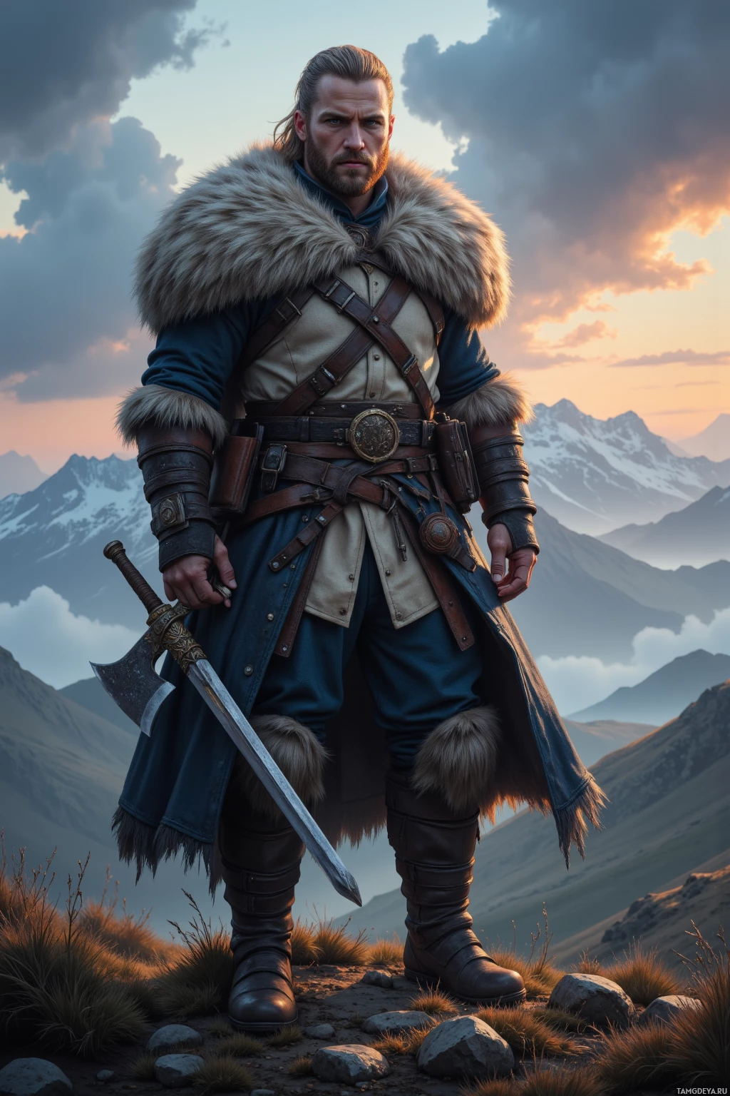 Суровый воин стоит на вершине горы, облаченный в меховую броню и держа в руках меч.