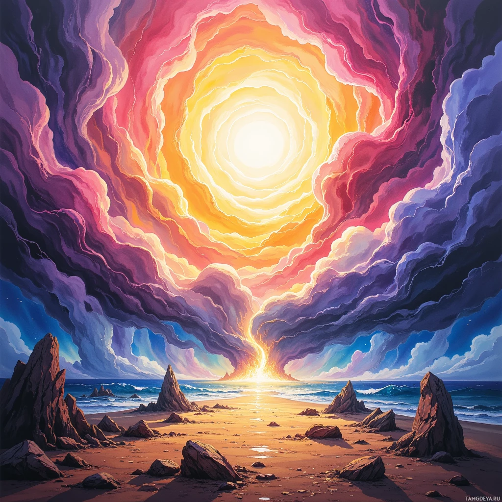 Яркая, сюрреалистичная пляжная сцена с сияющим, вибрирующим солнцем в небе и скалистыми образованиями на переднем плане.