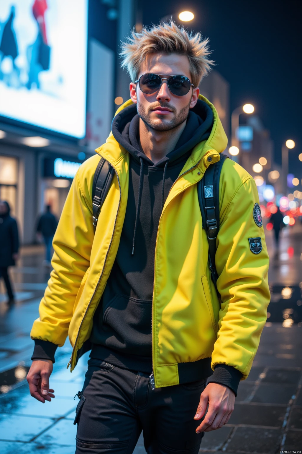 На ночной городской улице стоит человек в яркой желтой куртке и солнцезащитных очках.