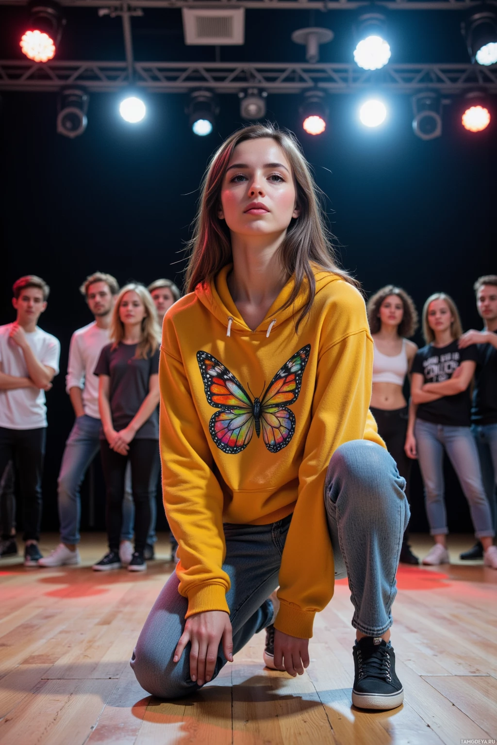 Молодая женщина в жёлтой толстовке с изображением бабочки опустилась на колени на сцене, за ней стоят несколько человек.