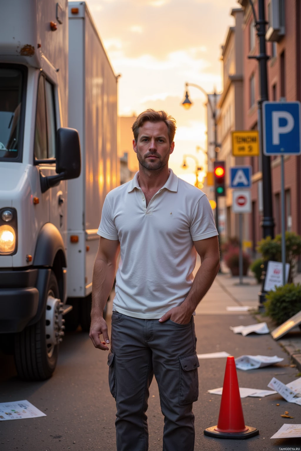 Realistic high quality photo. 45‑year‑old man with light brown hair, blue eyes, fair skin, wearing a white short‑sleeve shirt and grey utility pants, standing at sunrise beside a delivery van with a sputtering AC, a traffic cone named Stanley, a pile of expired parking permits, a half‑finished crossword, with scrambled highway signs and glowing traffic lights, and an alley that used to be a parking lot behind him.
