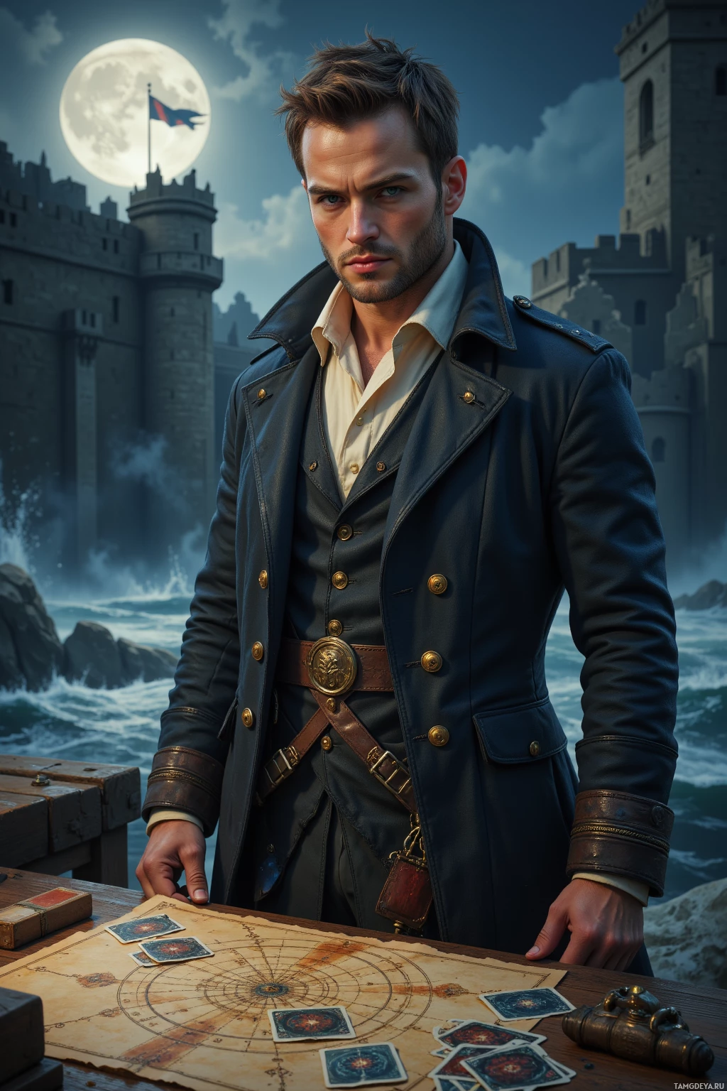 Realistic high quality photo. A 30‑year‑old man with short light brown hair, piercing blue eyes, wearing a weathered sea‑coat with brass buttons and a pale high collar, stands in a dimly lit stormy harbor, holding a deck of cards on a wooden table with a cryptic map spread beside it, waves lapping against the harbor walls under a low moonlit sky.