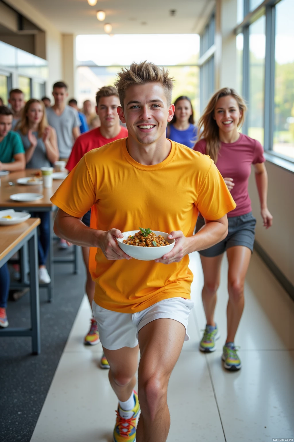 Realistic high quality photo. Young male, 22, short spiky blonde hair, blue eyes, bright athletic t‑shirt, white shorts, colorful sneakers, mid‑sprint in a modern university cafeteria during morning rush, holding a bowl of spicy lentil stew while his teammates cheer around him beside a large window with morning light.