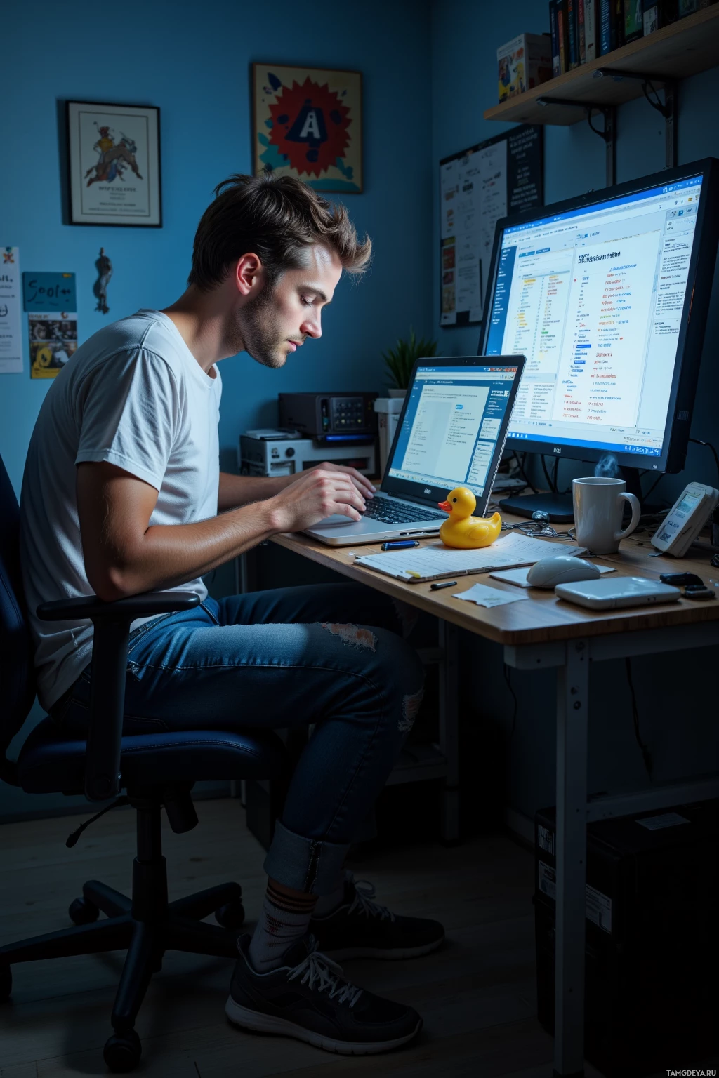 Realistic high quality photo. 32‑year‑old man with light brown hair, blue eyes, wearing a wrinkled white T‑shirt, worn‑out jeans, mismatched socks, faded sneakers, hunched over a glowing laptop on a cluttered apartment desk at midnight, a rubber duck beside him, a second monitor displaying a spreadsheet of buzzwords, a steaming coffee mug, surrounded by duct tape and handwritten code notes, illuminated only by the monitor's blue light.