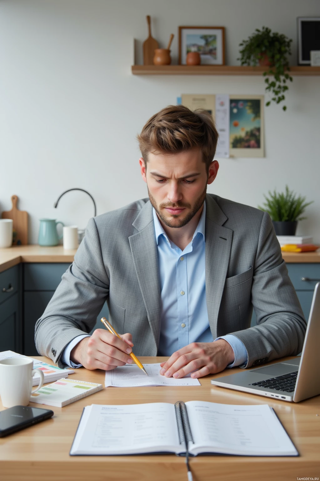 Realistic high quality photo. A 36-year-old man with short light brown hair, blue eyes, wearing a tailored light gray suit and pale blue shirt, sits at a modern office kitchen table during lunch, watching a laptop screen with a trending hashtag, surrounded by a neat stack of stamp‑shaped psychological notes, a lukewarm tea mug, a planner and calendar, all in soft daylight.