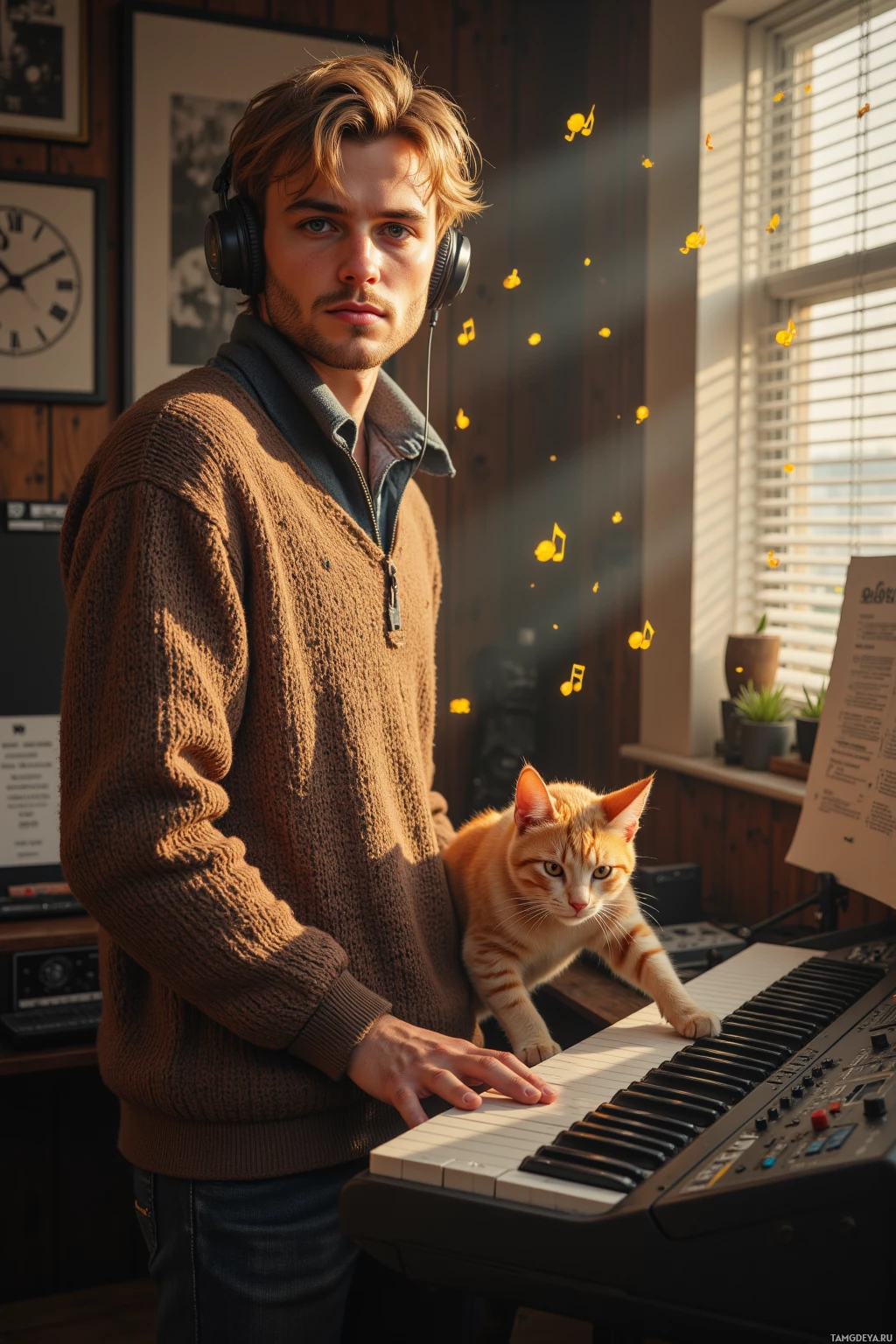 Realistic high quality photo. A relaxed 29‑year‑old male musician with messy blonde hair, calm blue eyes, pale skin, wearing a cozy oversized sweater and dark jeans, standing in a cozy home studio with a vintage keyboard and headphones on, as a curious cat strides across the keys, scattering bright yellow notes amid early morning light filtering through blinds.
